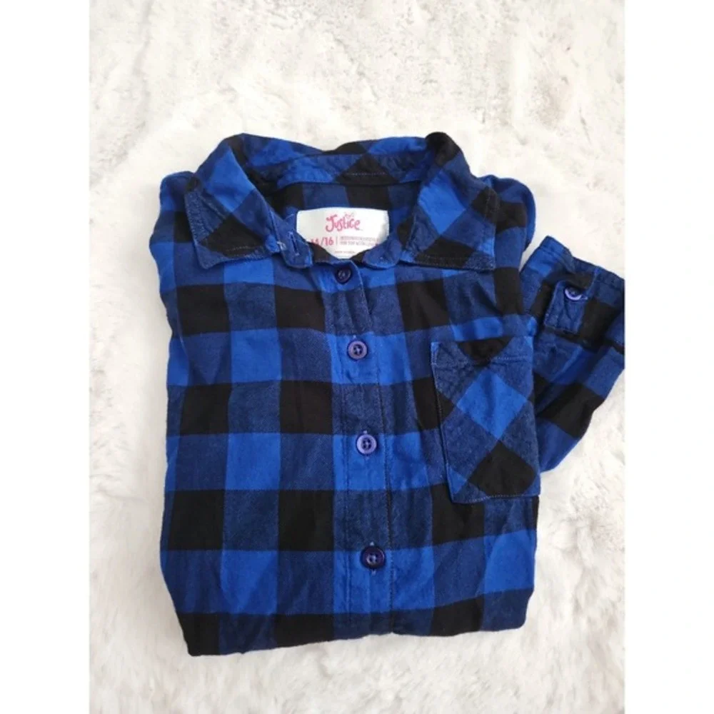Justice Girls Blue & Black Buffalo Plaid Flannel Button‎ Down Shirt Size 14/16